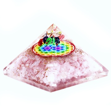Piramida din Orgonit - Cristal de Cuart Roz si Curcubeu - Floarea Vietii - 70 mm