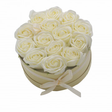 Buchet Flori de Săpun în Cutie Cadou - 14 Trandafiri Crem - Rotund - Img 1