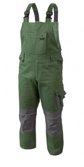 Pantaloni de lucru cu pieptar, RUWER, bretele elastice cu reglare, verde, buzunare genunchiere, elemente reflectorizante