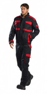 COSTUM de lucru (jacheta + pantaloni in talie) negru cu rosu