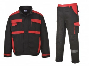 COSTUM de lucru KRAKOW (jacheta + pantaloni in talie) negru cu rosu