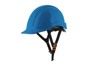 Casca de protectie usoara cu curea detasabila in 4 puncte pentru barbie, ham textil in 6 puncte, carcasa ventilata din ABS, reglabila cu rotita