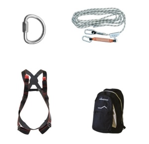 KIT de baza pentru lucru pe acoperis, include (rucsac, ham complet pentru protectie impotriva caderii, franghie de 10 m lungime cu dispozitiv de ghidare reglabil, legatura rapida din otel carbon)
