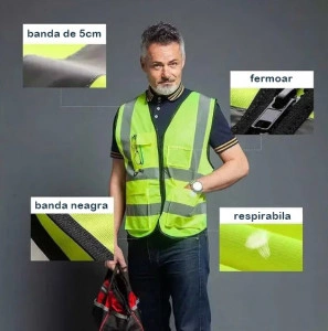 Vesta reflectorizanta cu buzunare, poliester, galben neon