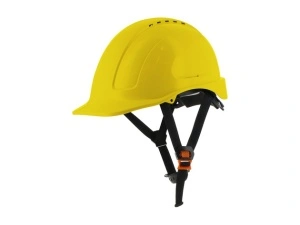 Casca de protectie usoara cu curea detasabila in 4 puncte pentru barbie, ham textil in 6 puncte, carcasa ventilata din ABS, reglabila cu rotita