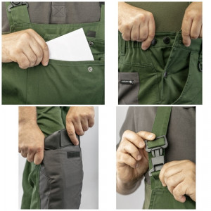 Pantaloni de lucru cu pieptar, RUWER, bretele elastice cu reglare, verde, buzunare genunchiere, elemente reflectorizante