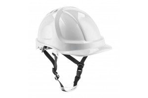 Casca de protectie alba, ventilata, reglare cu rotita si banda pentru barbie inclusa