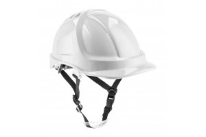 Casca de protectie alba, ventilata, reglare cu rotita si banda pentru barbie inclusa