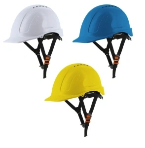 Casca de protectie usoara cu curea detasabila in 4 puncte pentru barbie, ham textil in 6 puncte, carcasa ventilata din ABS, reglabila cu rotita