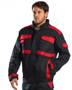 COSTUM de lucru (jacheta + pantaloni in talie) negru cu rosu