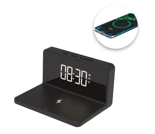 Ceas Desteptator, Baza de Incarcare Wireless, 10W, Ecran LCD, negru