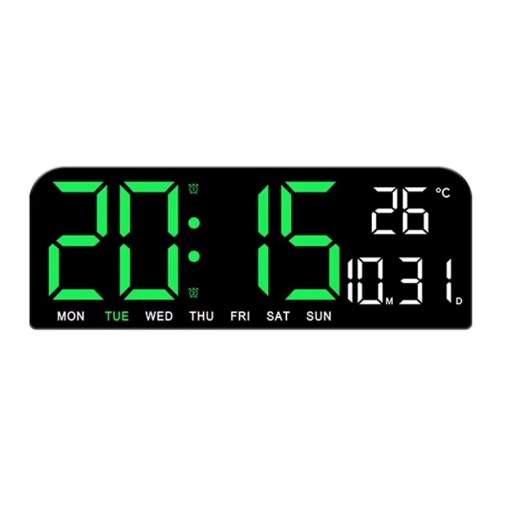 Ceas digital de perete, cu lumina LED ajustabila, alarma, umiditate, temperatura, cronometru, 9x3x24 cm, negru-verde