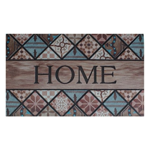 Covoras pentru intrare din cauciuc cu suprafata textila, cu model tiles si mesajul HOME, 75x45 cm, bej