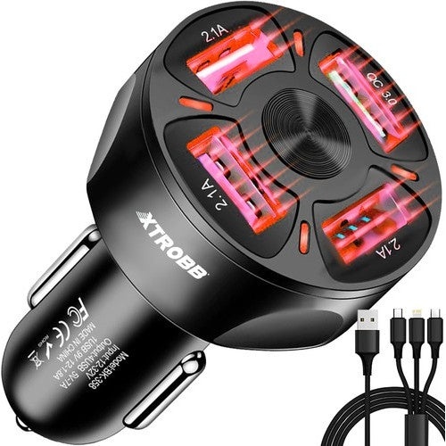 Incarcator auto cu 4 porturi USB, Cablu multifunctional Micro USB, Lightning, USB Type-C