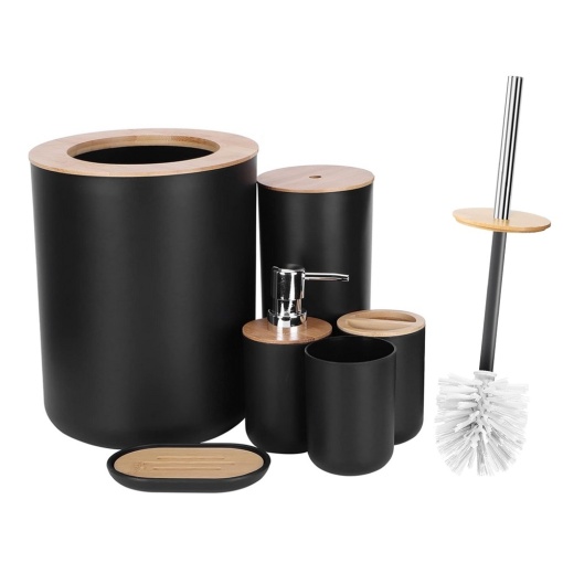 Set pentru baie 6 in 1, cu perie WC, cos gunoi, dispenser sapun, suport sapun si pahare periute dinti, plastic si bambus, negru