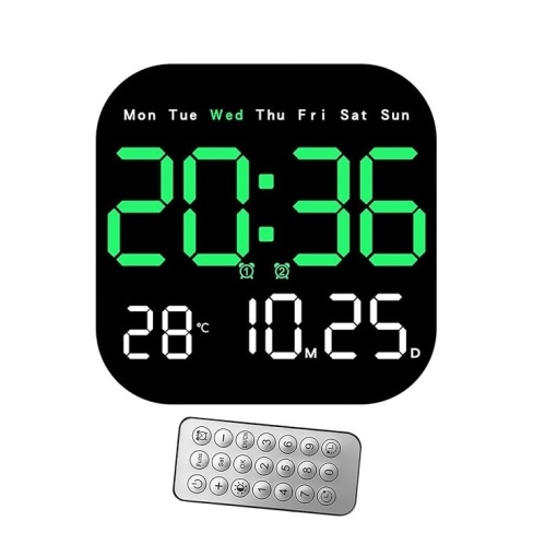 Ceas digital de perete/masa, cu telecomanda, afisaj LCD ajustabila, 6 afisaje, 18.5x18.5x2.8cm, negru cu verde/albastru/alb/roz/portocaliu