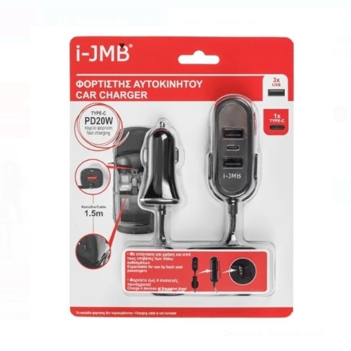 Incarcator auto smart charge cu 3 Porturi USB + 1 TYPE C i-JMB, 1.5 m, negru