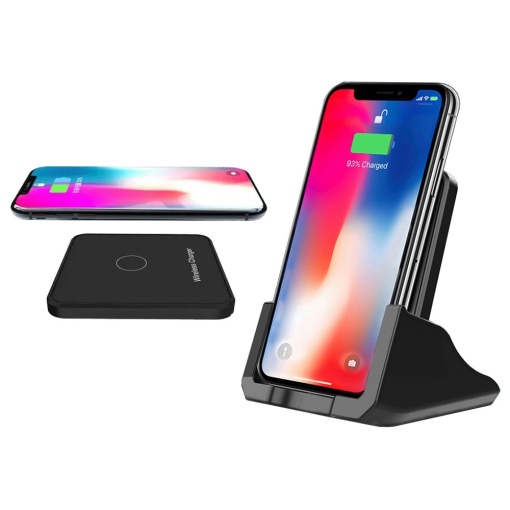 Incarcator wireless pentru mobil sau alte device-uri, incarcare rapida 15W, cu suport vertical-orizontal, 10.5x9x11.5 cm, negru