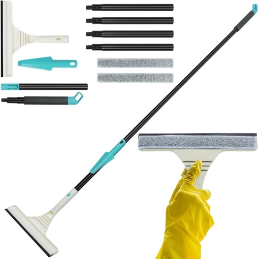 Set cu stergator de geamuri 3 in 1, 2 lavete microfibra, maner telescopic pana la 1.6m, alb-gri
