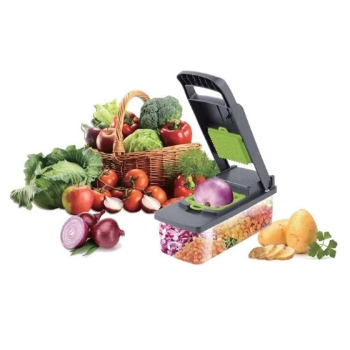 Set tocator legume si fructe, cu recipient si 12 accesorii, dimensiuni 33x12x12cm, verde-gri