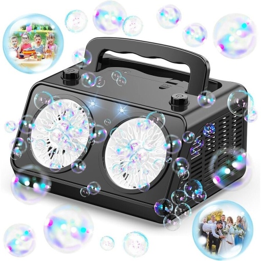 Aparat electric de facut baloane de sapun, lumini LED, 200ml, 2 viteze, 20000+ baloane/min, plastic, 21x18x17.5 cm, negru/alb