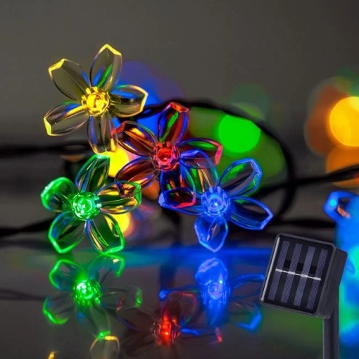Instalatie de lumini solara, cu 60 becuri led, cu flori, lungime 5.9m, multicolor