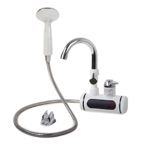 Robinet electric pentru incalzit apa instant, 3000W, afisaj LCD, metalic, cu dus, inaltim robinet 31 cm, alb