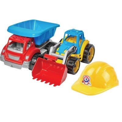 Set de joaca pentru copii cu utilaje de constructii, basculanta, excavator si casca de protectie