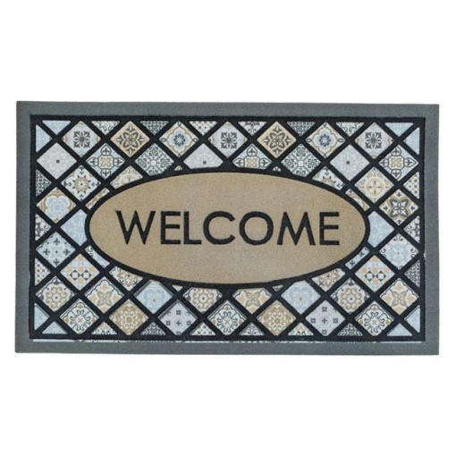 Covoras pentru intrare din cauciuc cu suprafata textila, model tiles cu mesajul WELCOME, 75x45 cm, gri