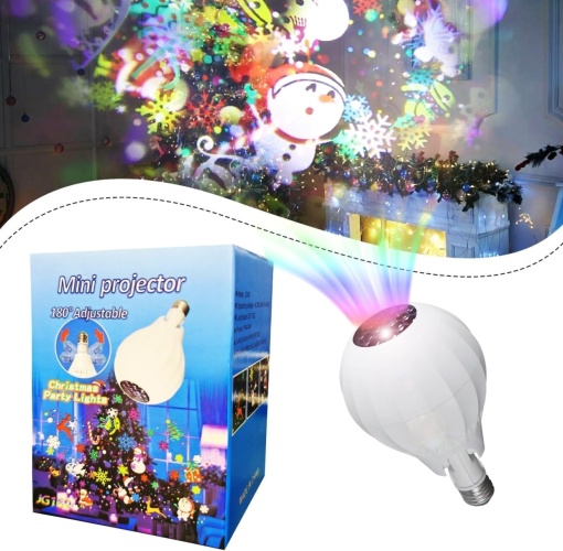 Mini Proiector LED pentru Craciun in forma de Bec, cu Soclu E27, 4W, Ajustabil 180°, Lumina RGB, Alb