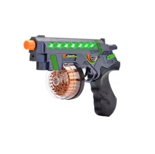 Pistol de jucarie Space Gun, cu efecte sonore, lumini si rezervor gloante, copii 3 ani+, plastic, 23x15x3.3 cm, negru-albastru