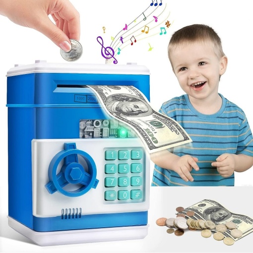 Pusculita tip seif, deschidere cu PIN, cu sunete si lumini, din plastic, roz/rosu/albastru