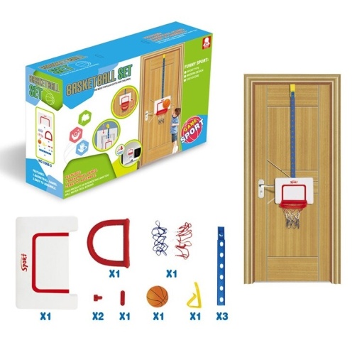 Set complet baschet, pentru copii 3 ani+, reglabil in inaltime, pentru montat pe usa, plastic, alb-rosu