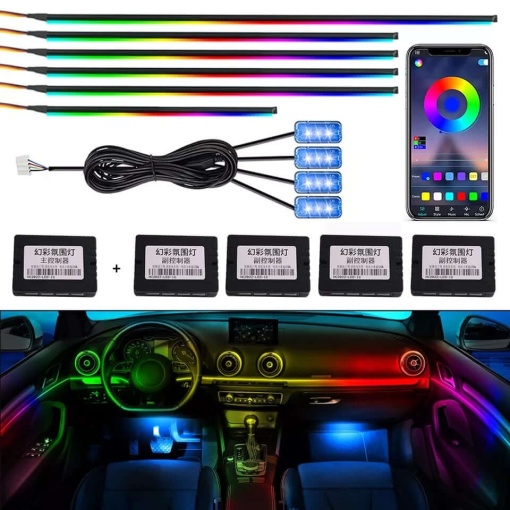 Kit lumini ambientale auto, RGB, 18 in 1, fir flexibil, aplicatie, bluetooth si telecomanda