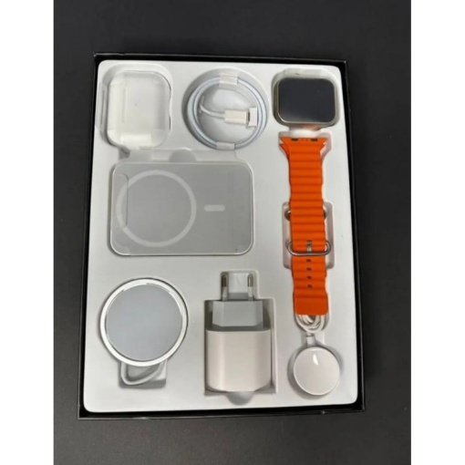 Set modern 6 in 1 cu ceas inteligent 49mm, ecran 2", powerbank, casti in-ear, incarcator si cabluri, portocaliu