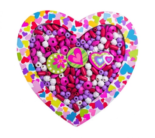 Margele multicolore din lemn pentru creatii in cutie inimioara, roz