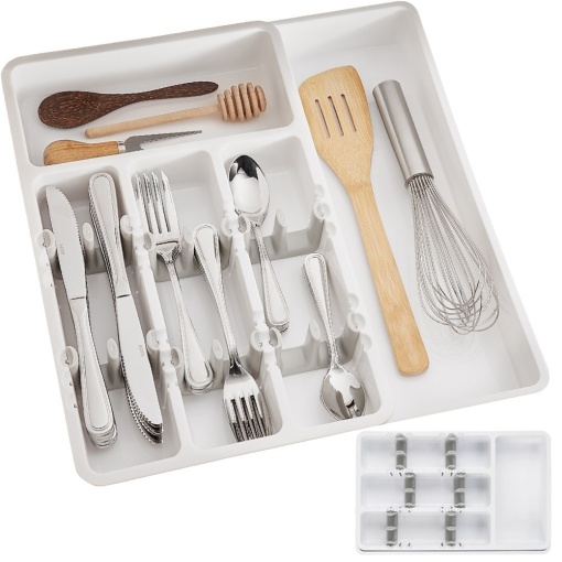 Organizator tacamuri pentru sertar, reglabil in latime, cu 4 sau 5 compartimente, 24/41cm x 38.5cm, alb