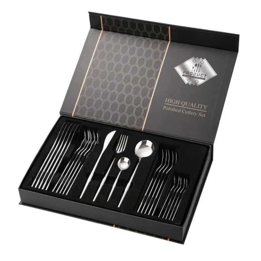 Set 24 tacamuri in stil portughez, din otel inoxidabil, persistenta indelungata, design ergonomic, Argintiu