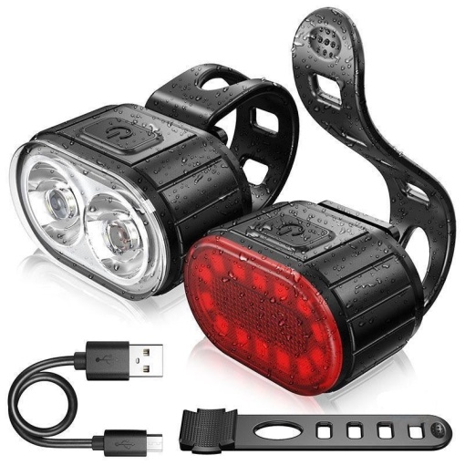 Set Lumini Bicicleta, Far si Stop LED, Reincarcabile USB, Rezistente la apa, Negru