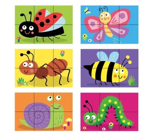 Cuburi Puzzle cu Animale si Insecte, 6 Piese, 21.7x18x6.6 cm, multicolor