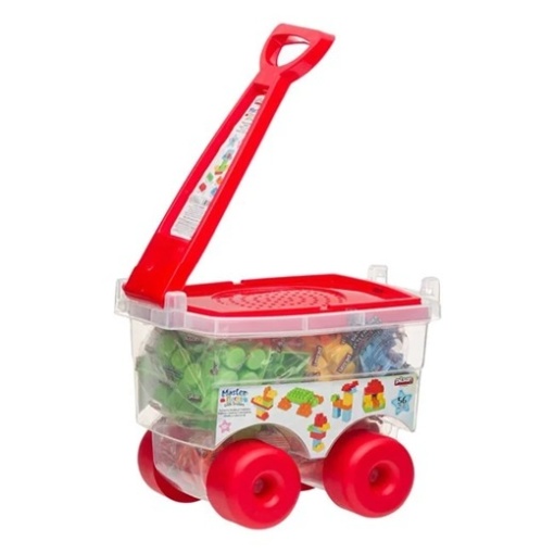 Set cuburi de construit pentru copii 1+ ani, 56 piese incluse, Cutie de depozitare in forma de troler, Dezvolta creativitatea, Plastic, 33x21x29cm, Multicolor