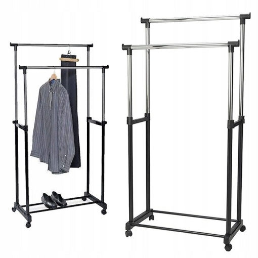 Suport dublu pentru umerase si haine tip stander, Cu roti si inaltime reglabila 94-160cm