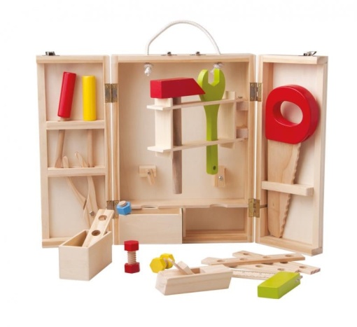 Set de jucarie cu scule si unelte din lemn in cutie de depozitare, pentru copii de 3 ani+