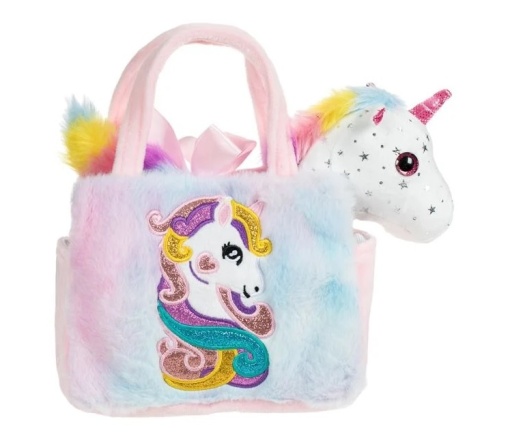Unicorn de Pluș în Geantă cu Blană Artificială Colorată si Glitter, 20×10×25 cm, multicolor