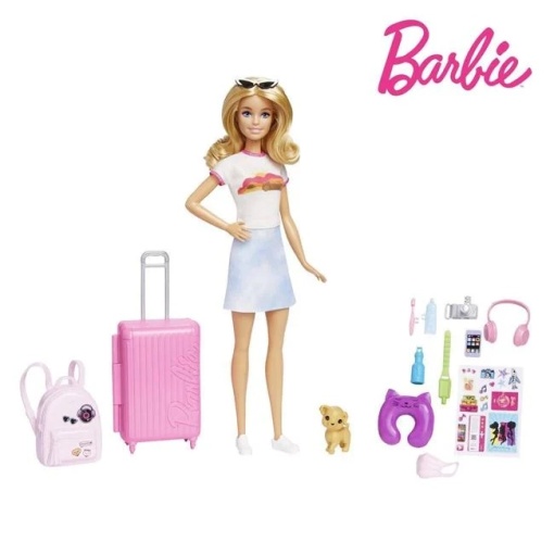 Papusa Barbie gata de calatorie cu 10 accesorii incluse, varsta 3+ ani, 21.5x5.5x32.5cm, roz
