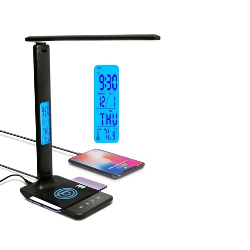 Lampa de masa, reglabila, LCD cu Data, Ora, Temperatura si incarcare wireless pentru telefon, 17x29.5x28.3 cm, negru