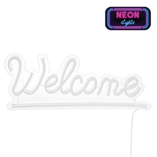 Lampa LED neon colorat, model cu scris WELCOME, cu cablu de 1.8M inclus, 41x16 cm, roz/bleo