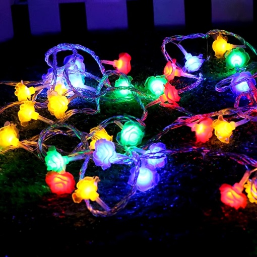 Set 2 Instalatii Liniare pentru Craciun, cu Trandafiri Multicolori, Lungime 2x4m, 2x20 LED-uri, Lumina Multicolora