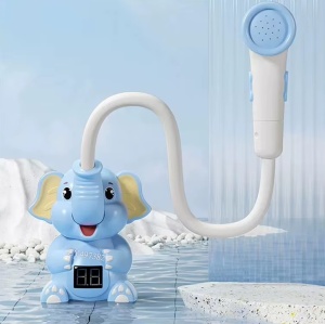 Cap de dus copii, in forma de elefant, cu control temperatura, plastic, albastru/galben/roz - Img 4