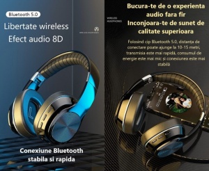 Casti wireless over the ear, pliabile, bluetooth, microfon, autonomie 11h, radio, HiFi, noise canceling, negru - Img 7